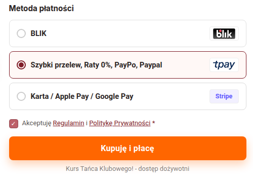 Koszyk: zaznaczona opcja Szybki przelew, Raty 0%, PayPo, Paypal z logo Tpay, a poniżej przycisk Kupuję i płacę