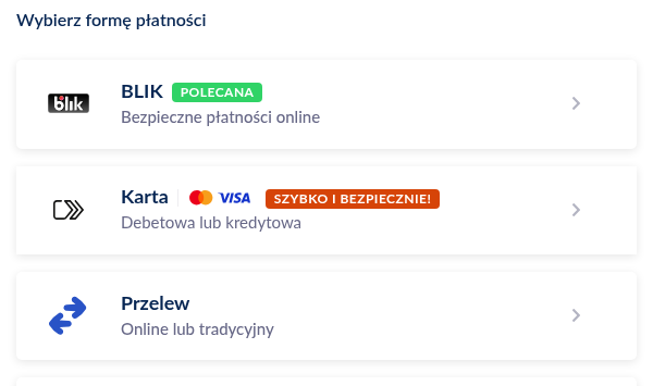 Lista metod w Tpay: pod BLIK i kartą znajduje się Przelew z dopiskiem Online lub tradycyjny